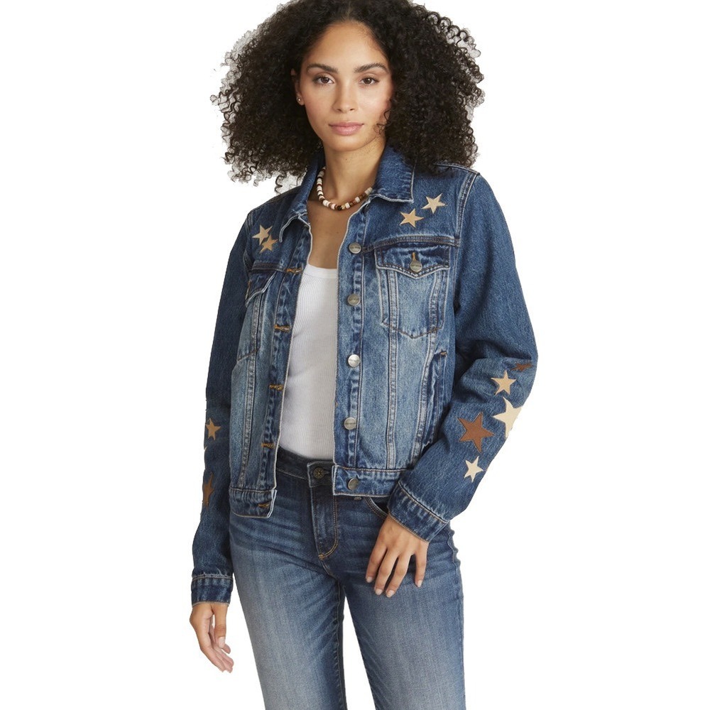Driftwood Evening Star Denim Jacket Med Blue Tan Leather Stars  L NWT